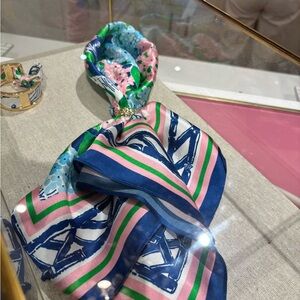 Lilly Pulitzer Blue and Pink Lion Print Silk Scarf with metal Gold Lion Ring